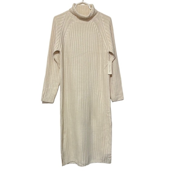 Doe + Rae Turtleneck Sweater Dress Long Sleeves With Side Slits Cream Size Large - Picture 3 of 13